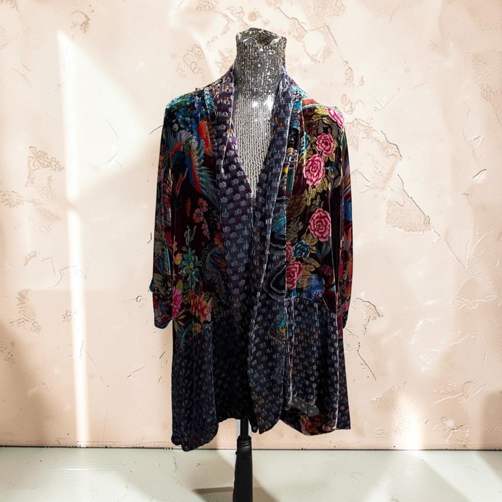 Johnny Was Velvet Burnout Silk Floral Kimono Duster Open Front Jacket XS Lounge